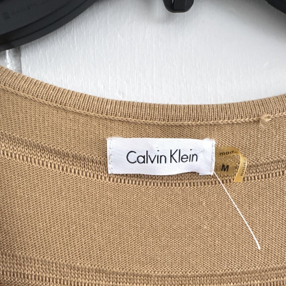 Calvin Klein Tan Ribbed Knit Scoop Neck Short Sleeve Sheath Dress Knee M - Picture 3 of 4